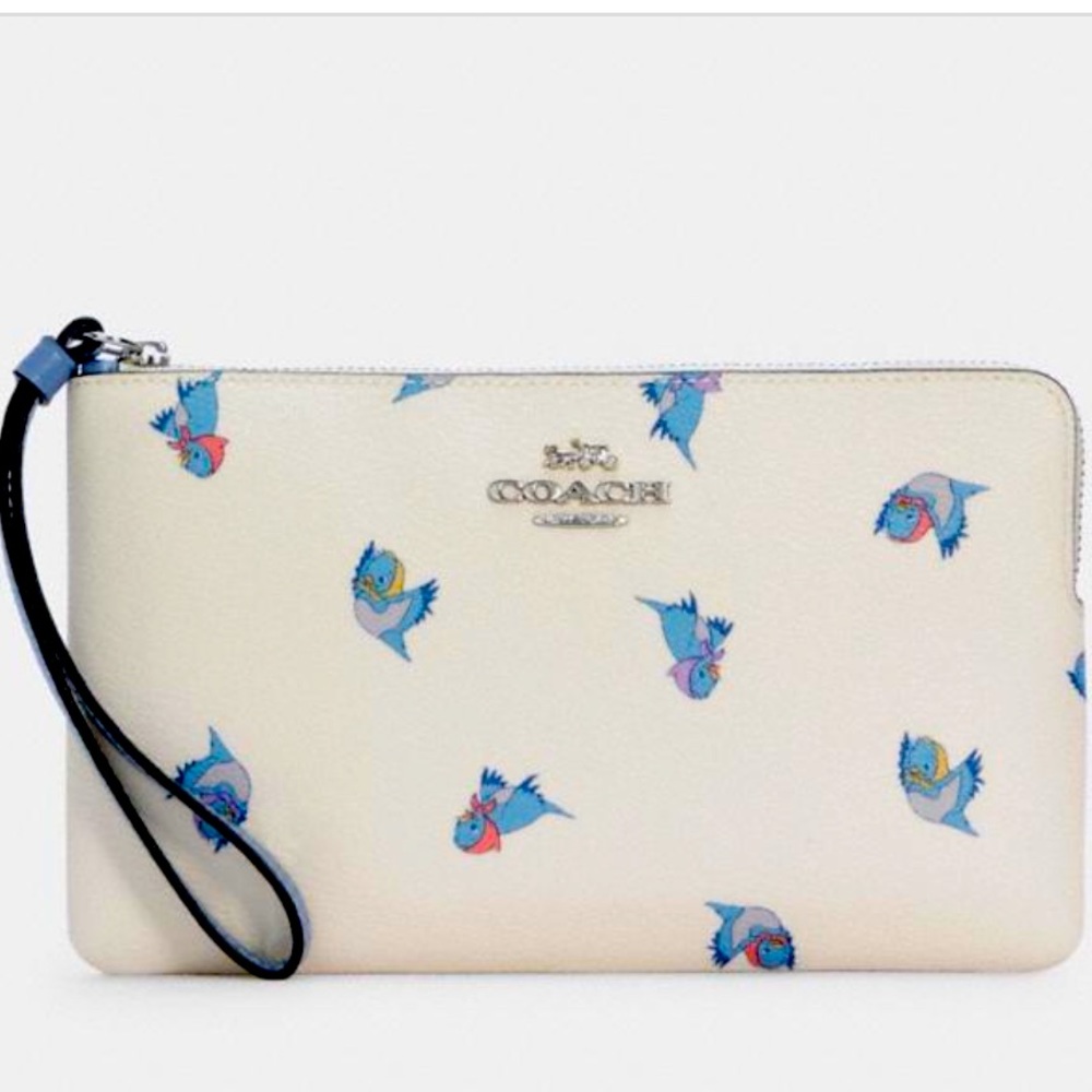Disney X Coach Large Cinderella Flying Blue Birds Print Wristlet.